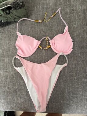 Pink Rhinestone Strap Bikini Set